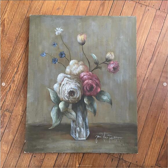 Vintage Flower Painting Large Floral Stretched Canvas Signed Pink Shabby 24x30" - Picture 2 of 10